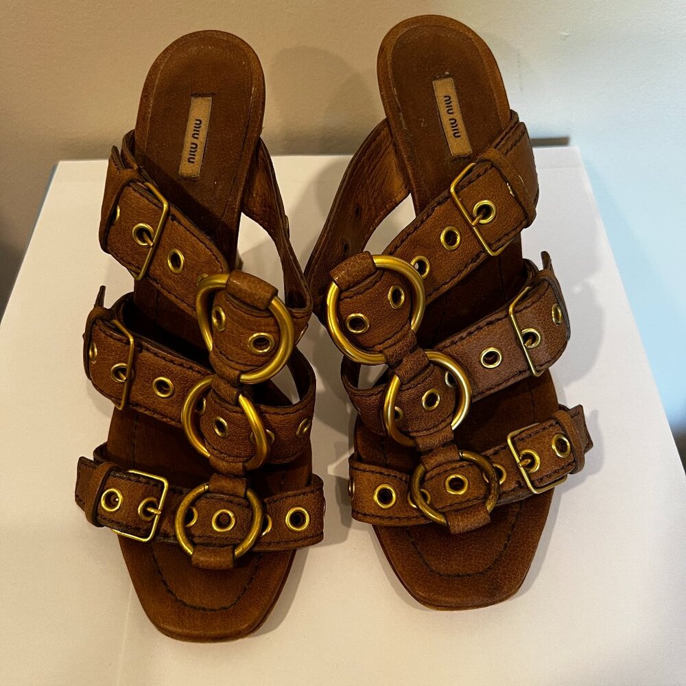 Miu Miu-Cognac Nubuck Sandals w/ Gold Buckles-7 (look at photos closely)
